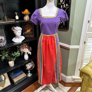 Vintage Puff Sleeve Colorblock Dress – Red & Purple – Midi Length